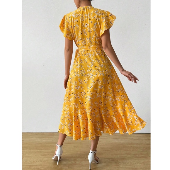 Boho Yellow Floral V neck Ruffle Midi Dress Wrap Style Short Butterfly Sleeve - Picture 4 of 10